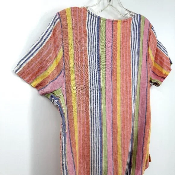 C&C California Colorful Striped Summer Top Round Neck  100% Linen Light Shirt - Picture 10 of 11